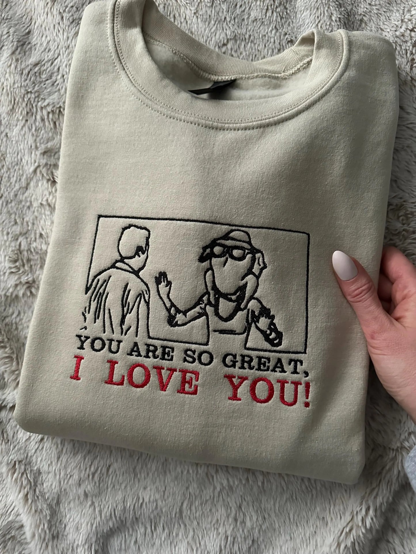 Unisex Custom Embroidered ''I Love You'' crewneck sweatshirt with Monica and Chandler from Friends