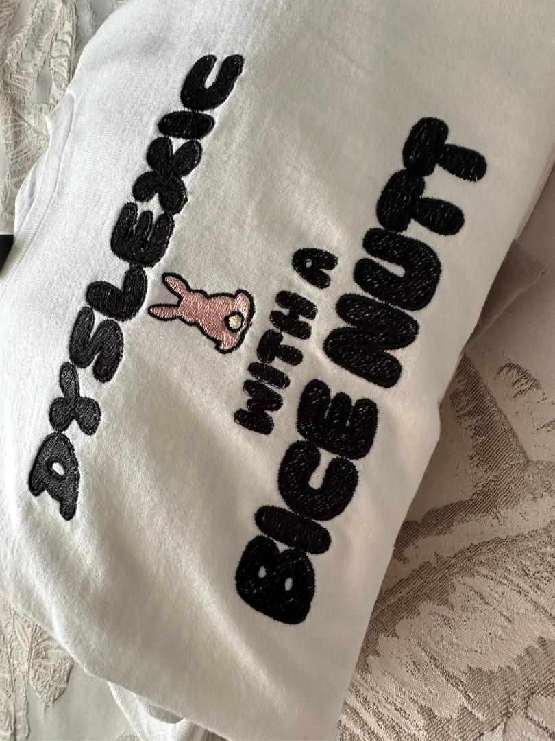 Dyslexic Bunny with Bice Nutt, Funny Embroidered Tshirt, Tee, related gift for Dyslexia, Sarcastic Meme Tshirt