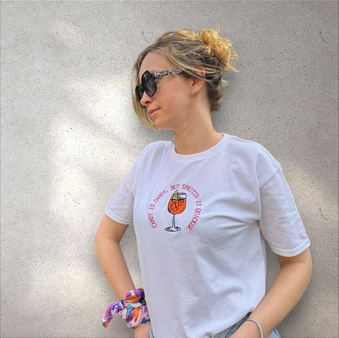 Best Summer Tee T-shirt for Aperol Spritz Fans - Embroidered quote ''Candy is Dandy, But Spritzer is Quicker'' unique rare make a statement