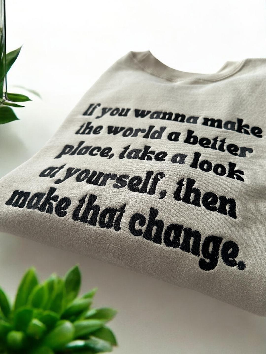 Custom Embroidered Crewneck Sweatshirt for Michael Jackson Fans Better World Future Change Yourself