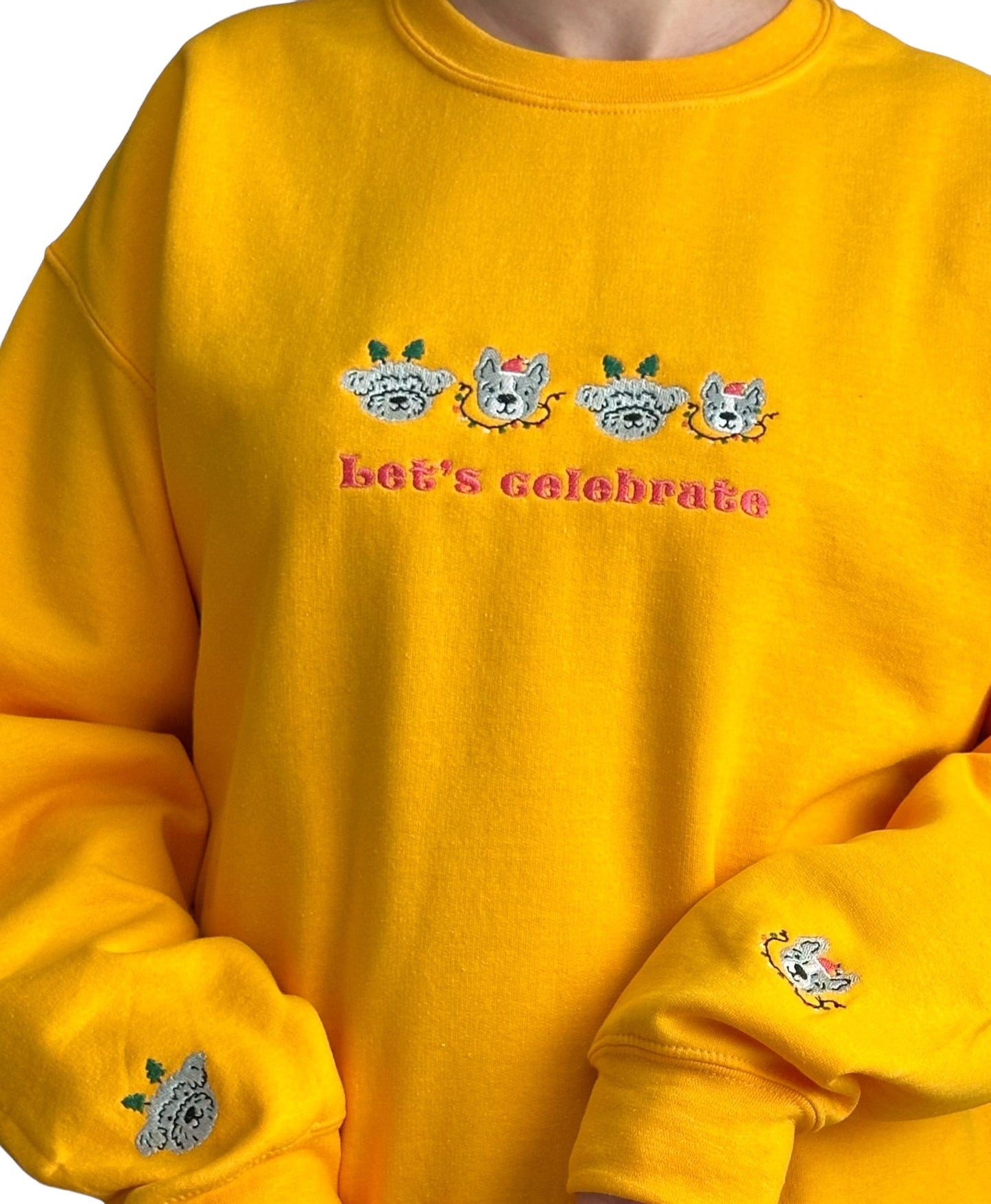 Lovely Christmas Festive Dogs Embroidered Sweatshirt with Quote ''Let's Celebrate''