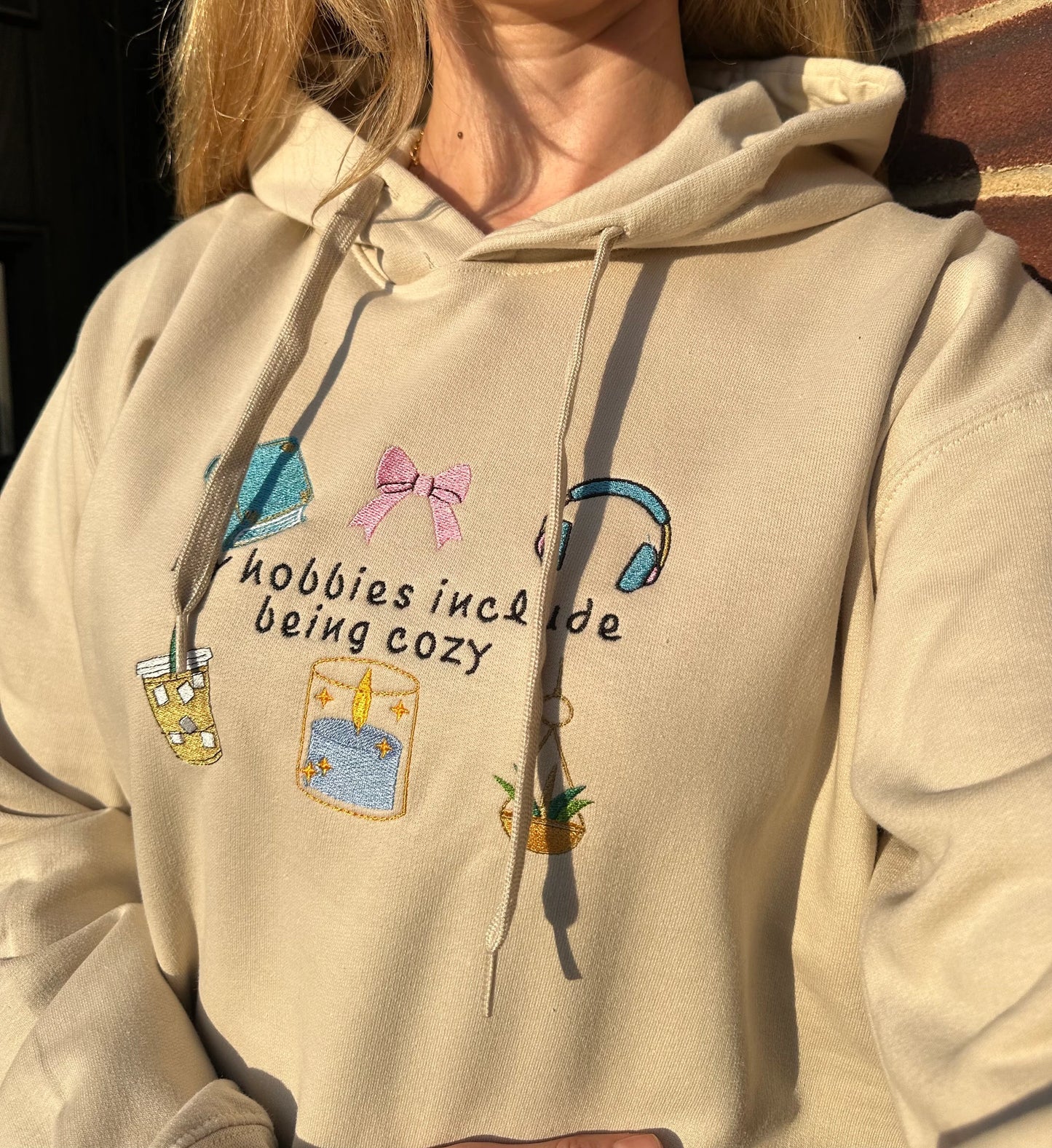 Embroidered hoodie with a quote ''My Hobbies Include Being Cozy'' with embroidered Sleeve