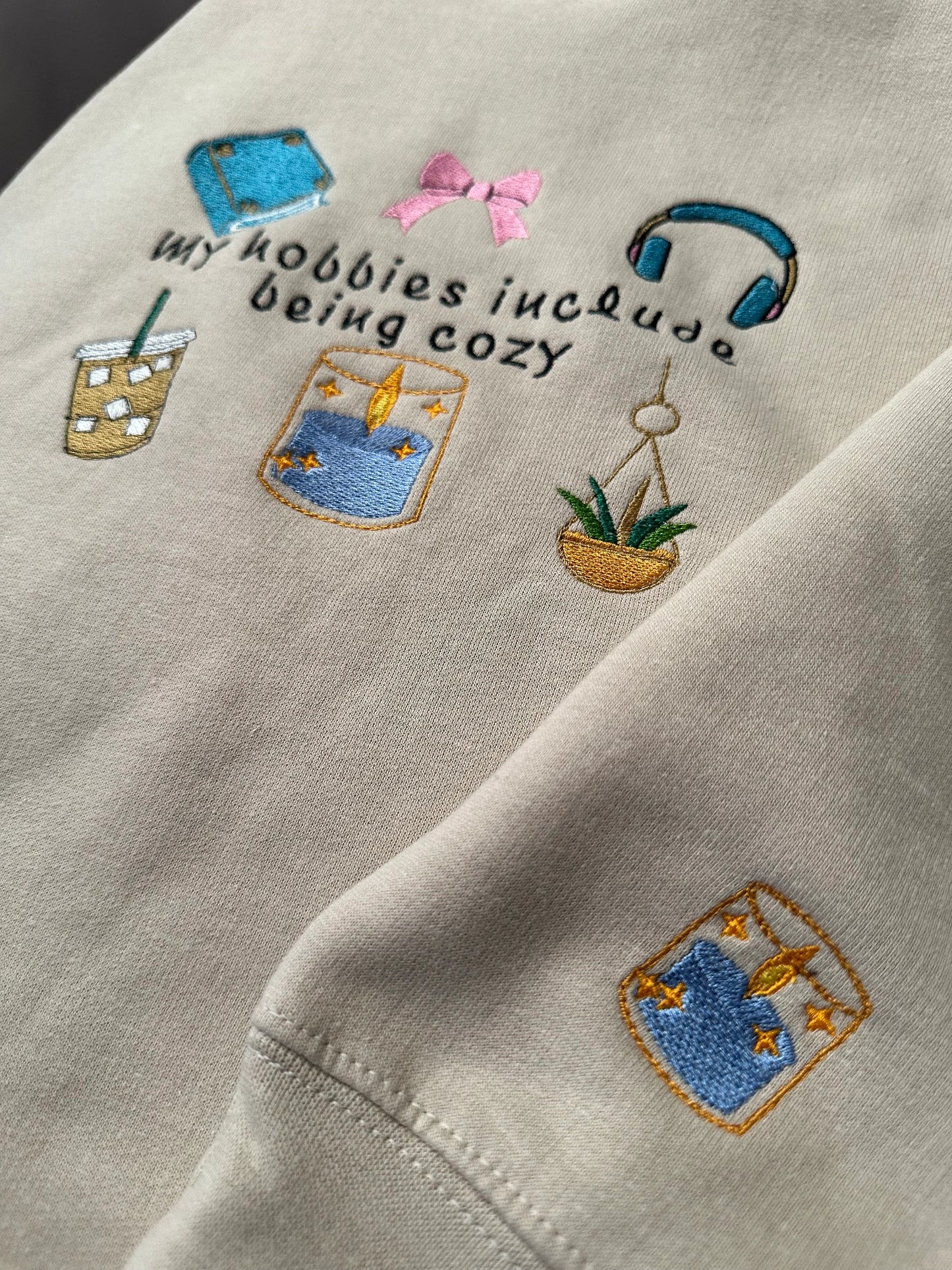 Embroidered hoodie with a quote ''My Hobbies Include Being Cozy'' with embroidered Sleeve