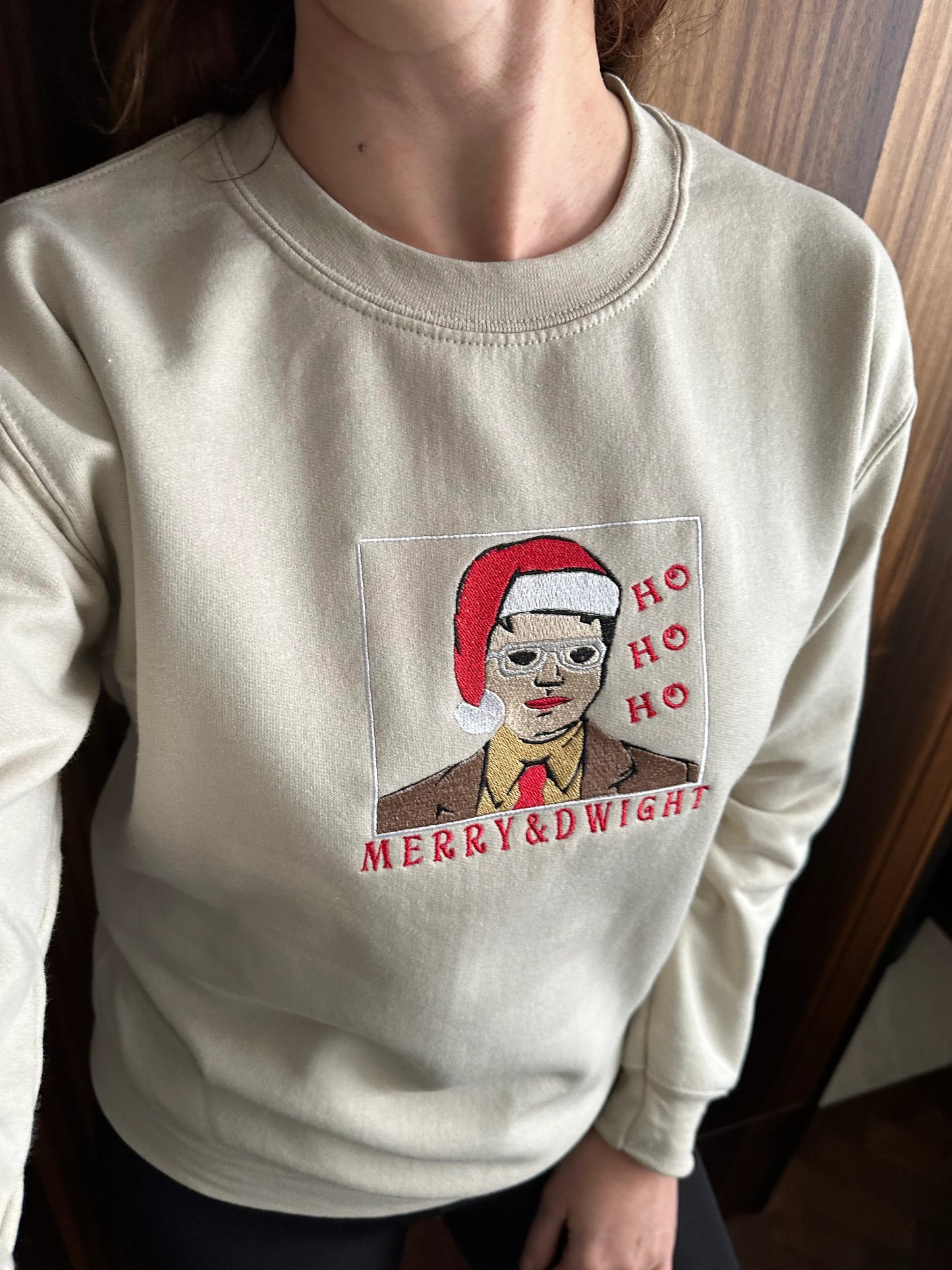 Custom Embroidered Merry Christmas crewneck sweatshirt with TV character ''Merry and Dwight''