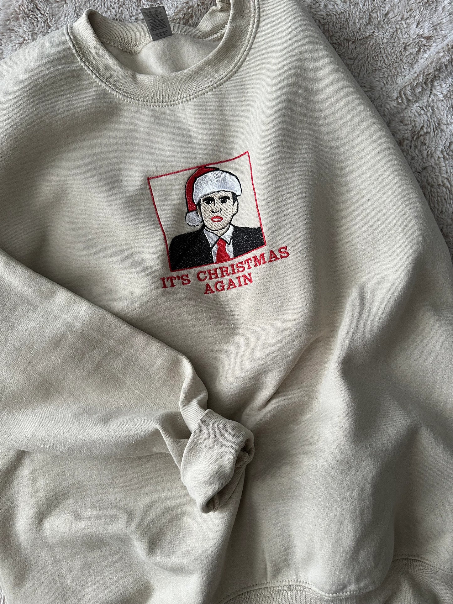 Custom Embroidered ''It's Christmas Again'' crewneck sweatshirt with TV character