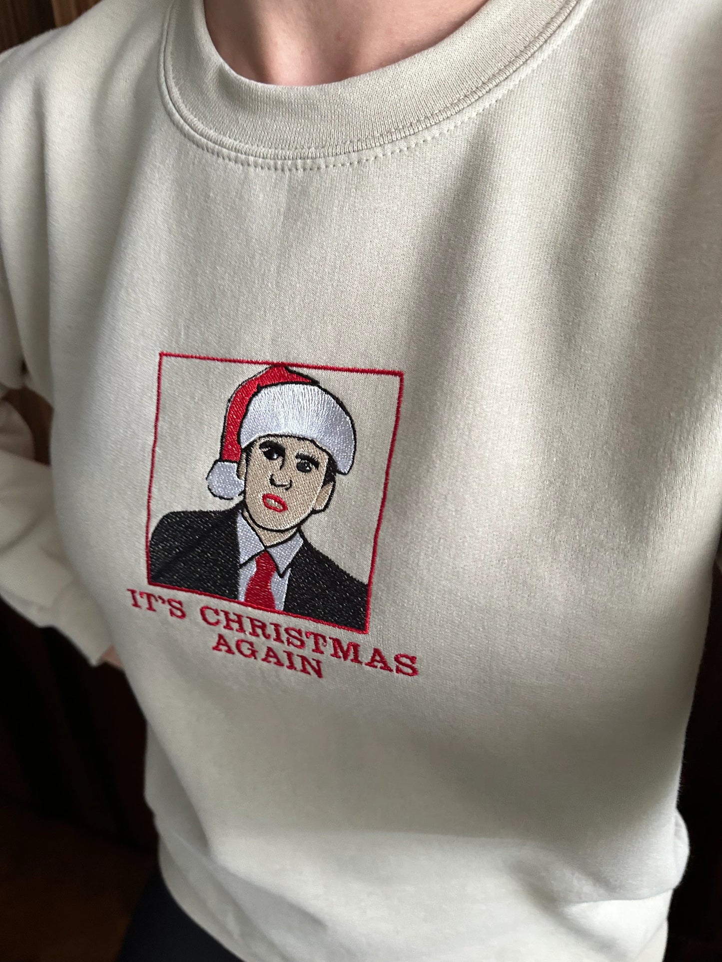 Custom Embroidered ''It's Christmas Again'' crewneck sweatshirt with TV character