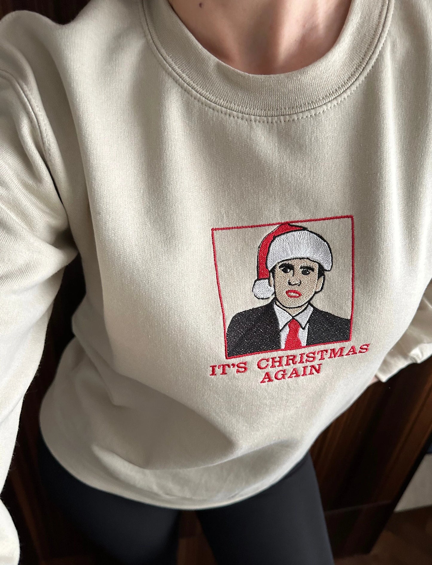 Custom Embroidered ''It's Christmas Again'' crewneck sweatshirt with TV character