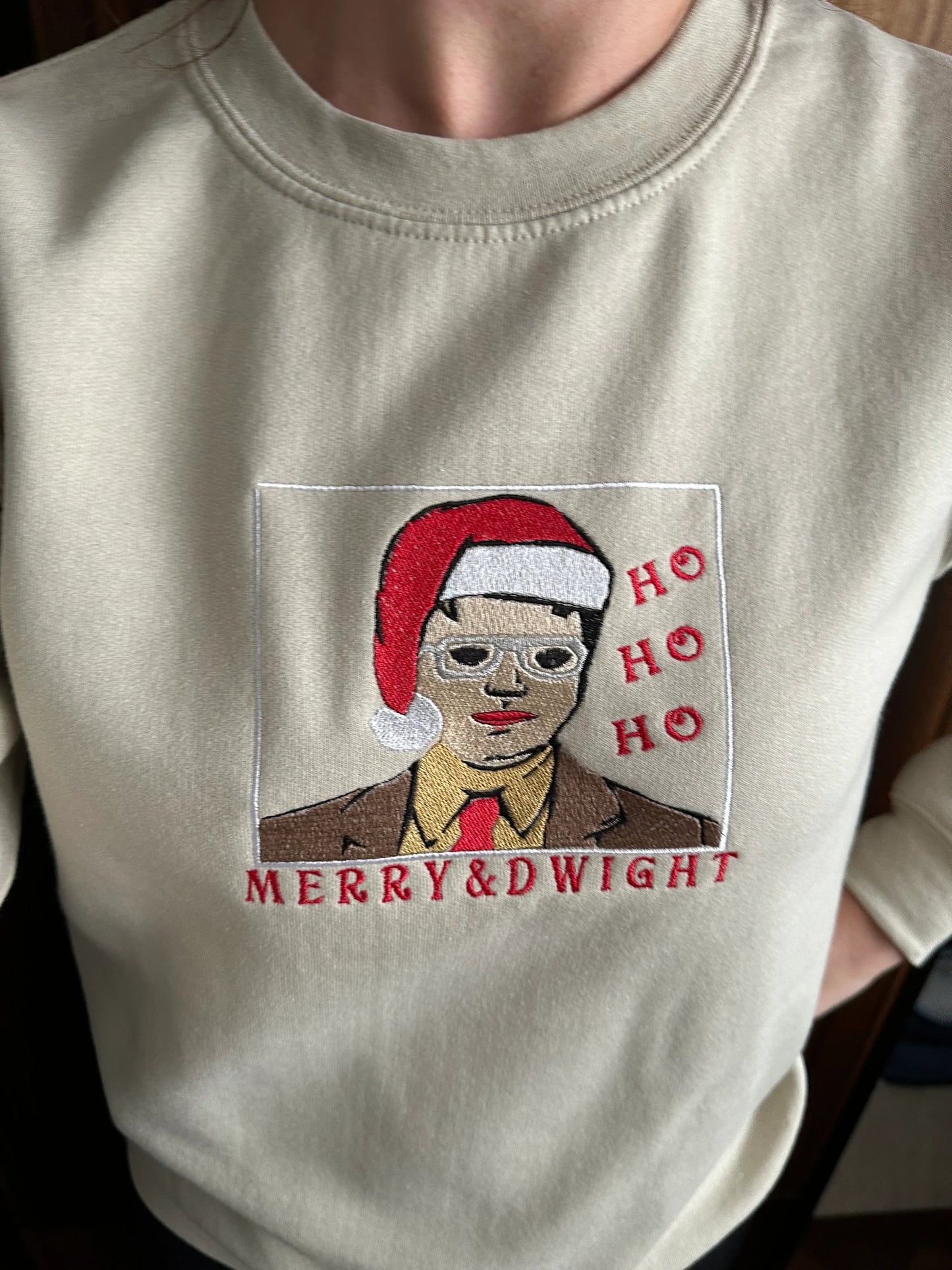 Custom Embroidered Merry Christmas crewneck sweatshirt with TV character ''Merry and Dwight''