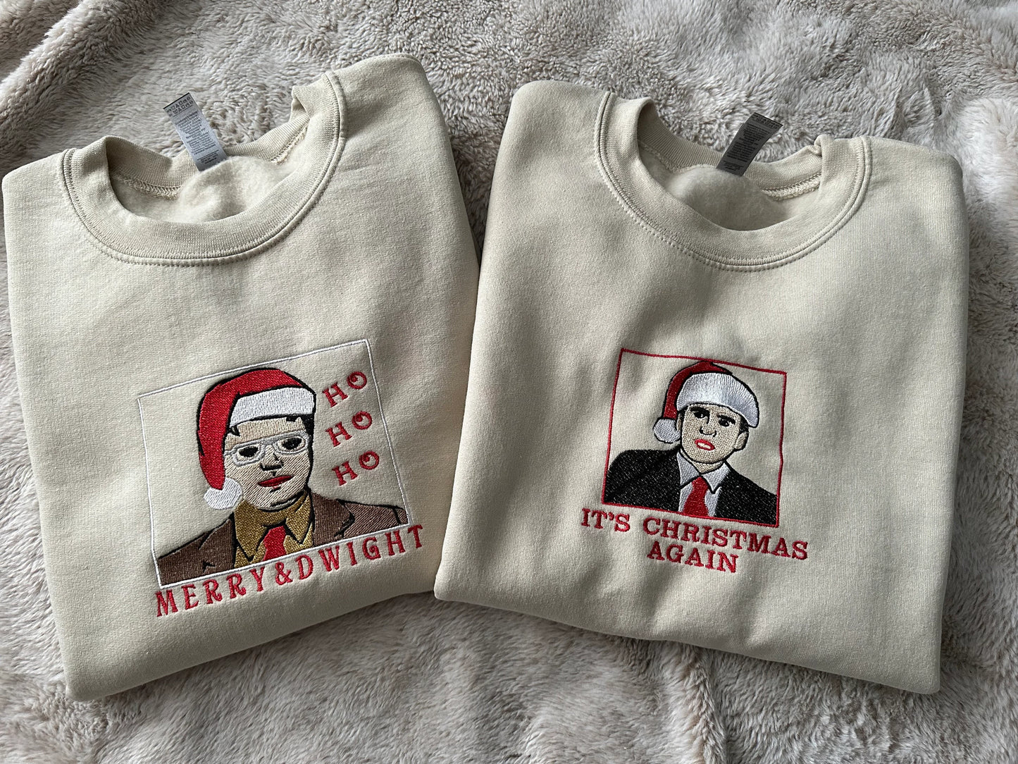 Custom Embroidered Merry Christmas crewneck sweatshirt with TV character ''Merry and Dwight''