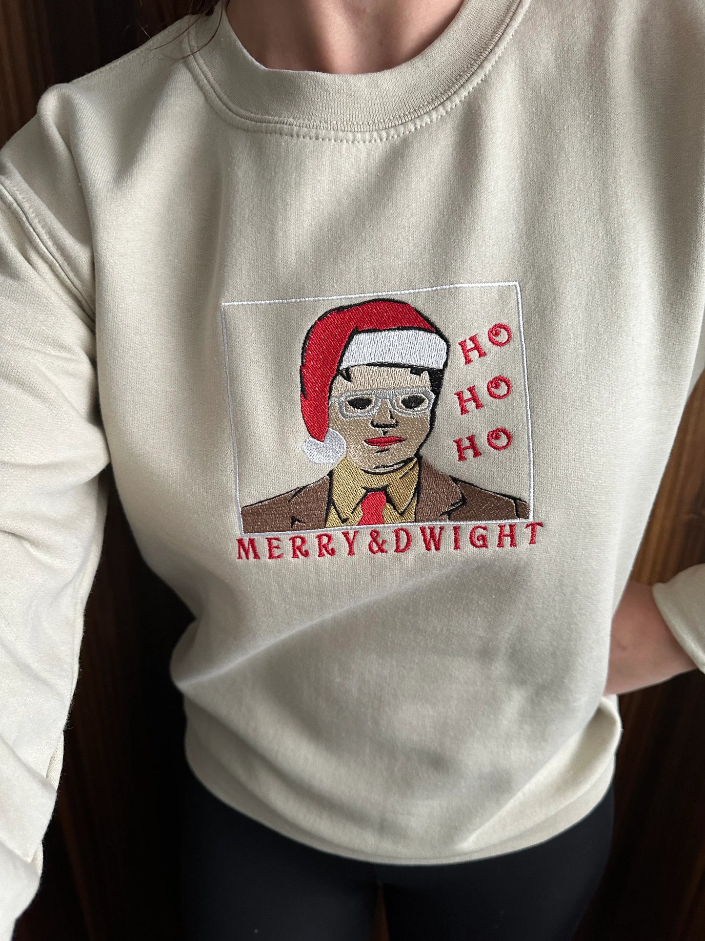 Custom Embroidered Merry Christmas crewneck sweatshirt with TV character ''Merry and Dwight''