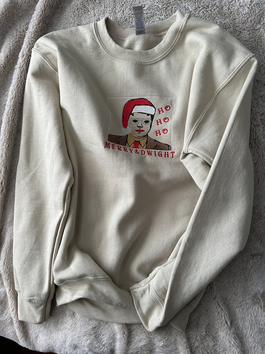 Custom Embroidered Merry Christmas crewneck sweatshirt with TV character ''Merry and Dwight''