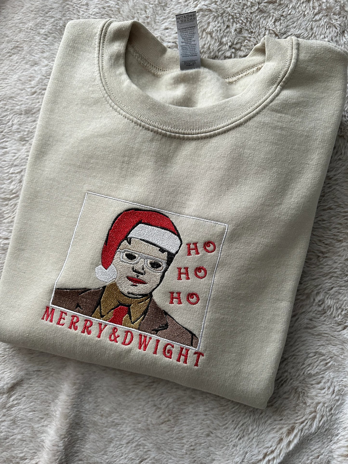 Custom Embroidered Merry Christmas crewneck sweatshirt with TV character ''Merry and Dwight''