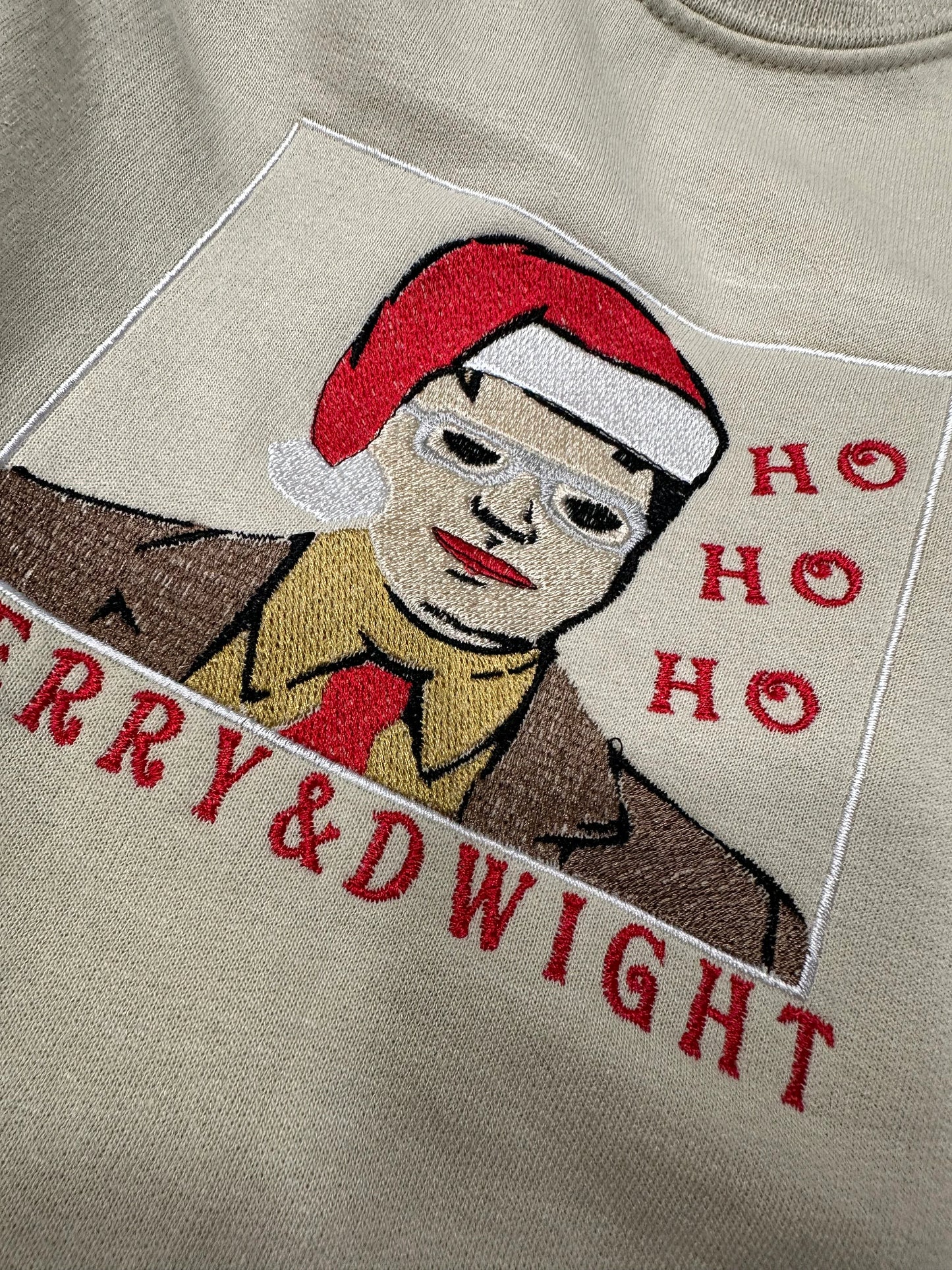 Custom Embroidered Merry Christmas crewneck sweatshirt with TV character ''Merry and Dwight''