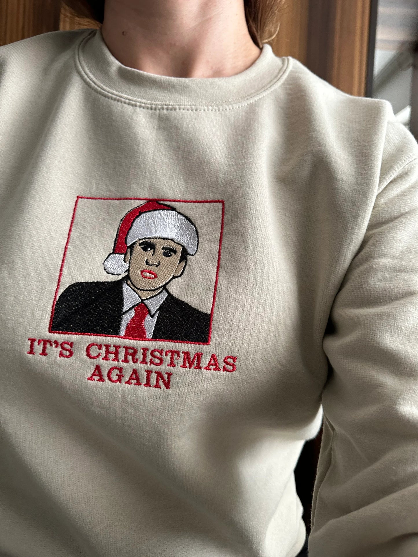 Custom Embroidered ''It's Christmas Again'' crewneck sweatshirt with TV character