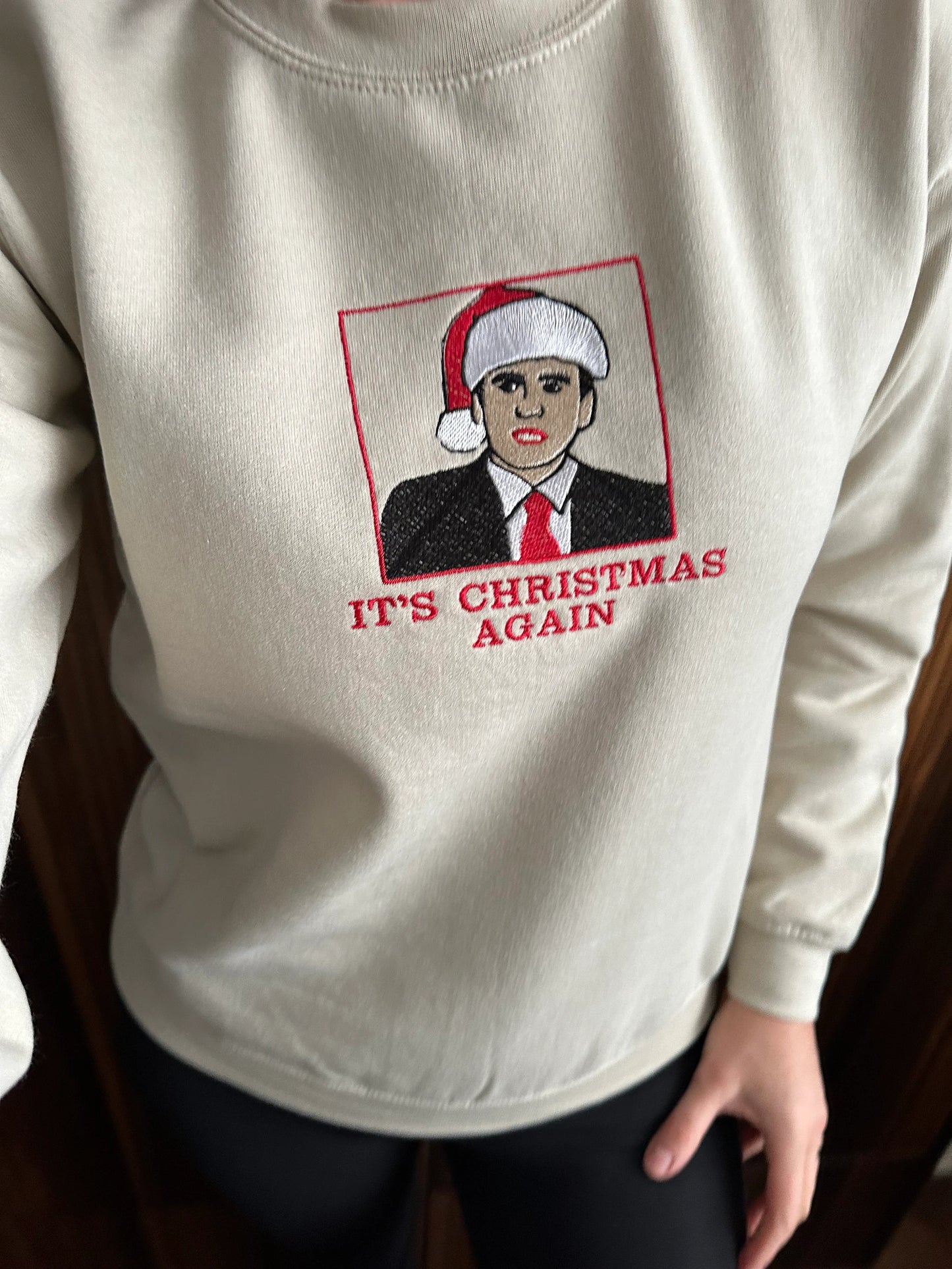 Custom Embroidered ''It's Christmas Again'' crewneck sweatshirt with TV character