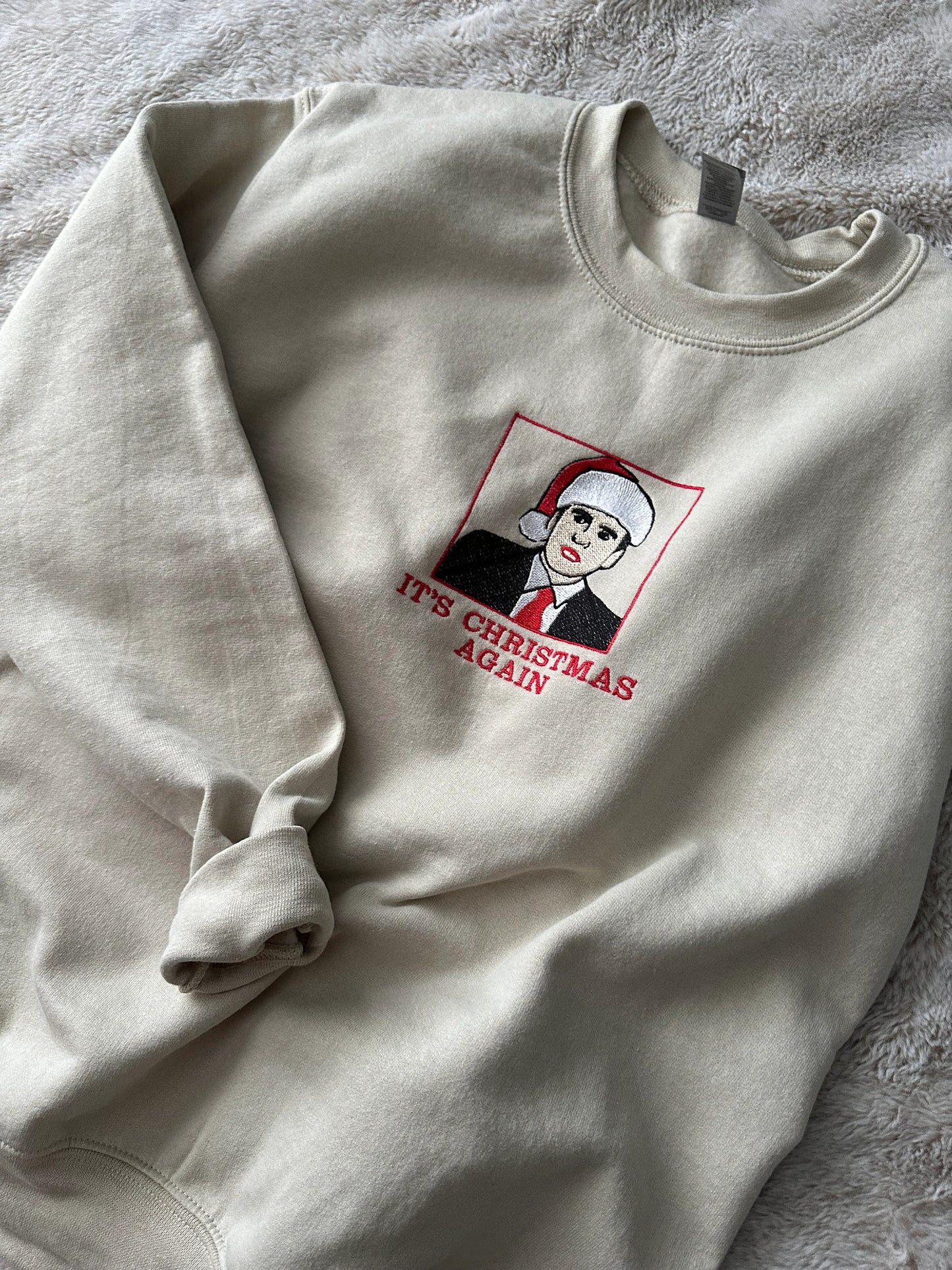 Custom Embroidered ''It's Christmas Again'' crewneck sweatshirt with TV character