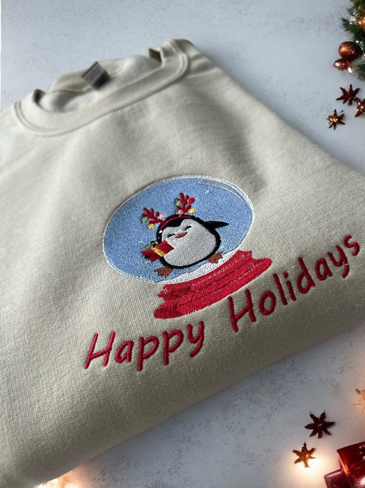 Custom Embroidered Christmas crewneck sweatshirt ''Happy Holidays '' Penguin Snow globe