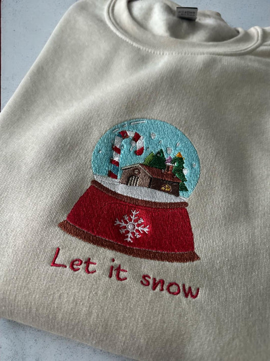 Custom Embroidered Christmas crewneck sweatshirt with quote ''Let it snow'' Snow globe