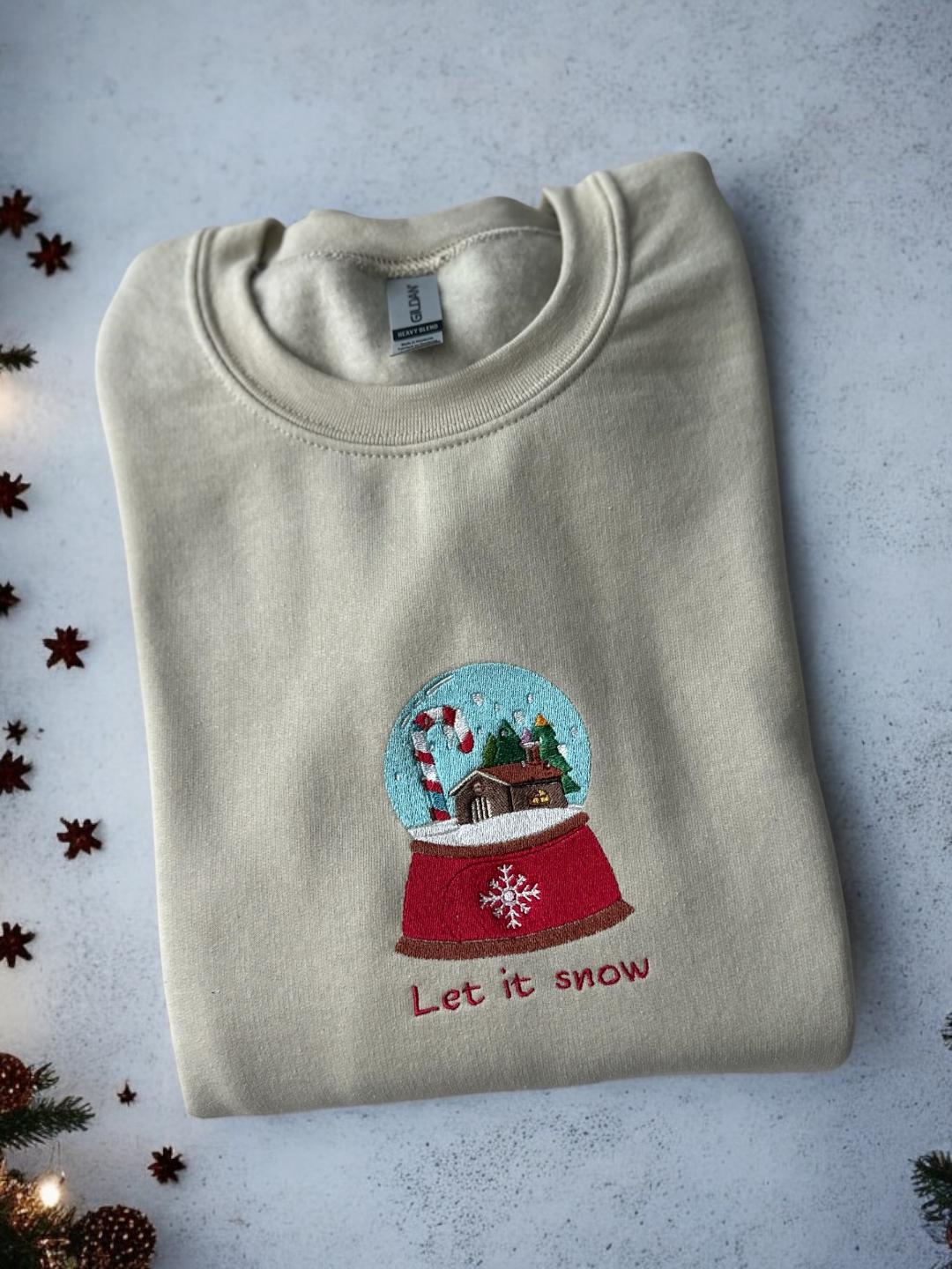 Custom Embroidered Christmas crewneck sweatshirt with quote ''Let it snow'' Snow globe