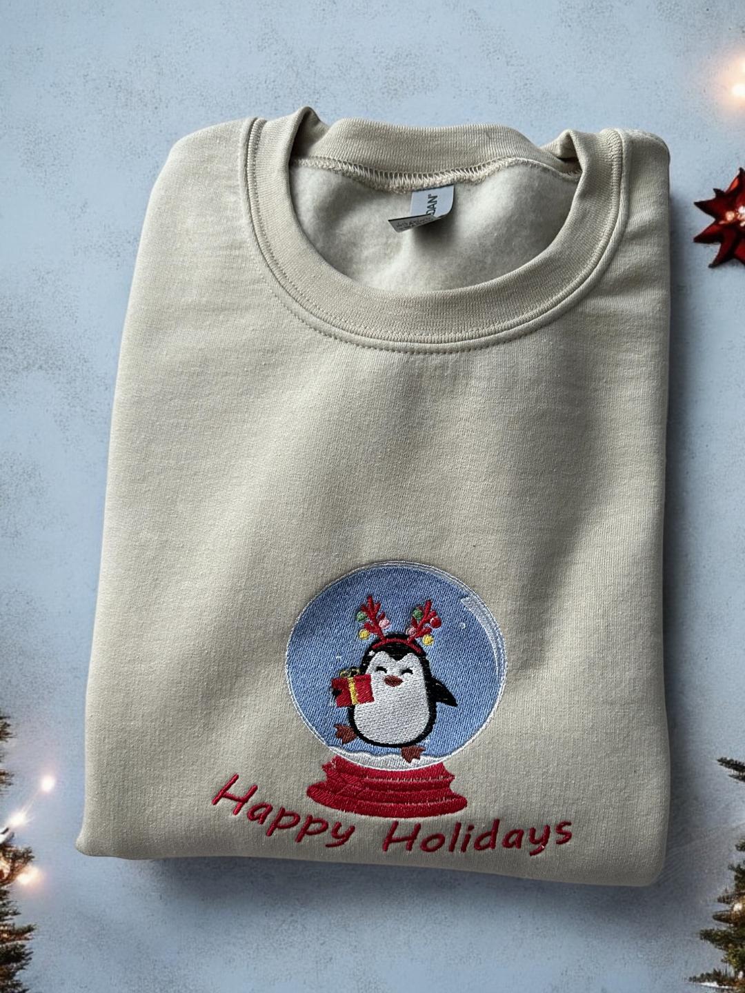 Custom Embroidered Christmas crewneck sweatshirt ''Happy Holidays '' Penguin Snow globe