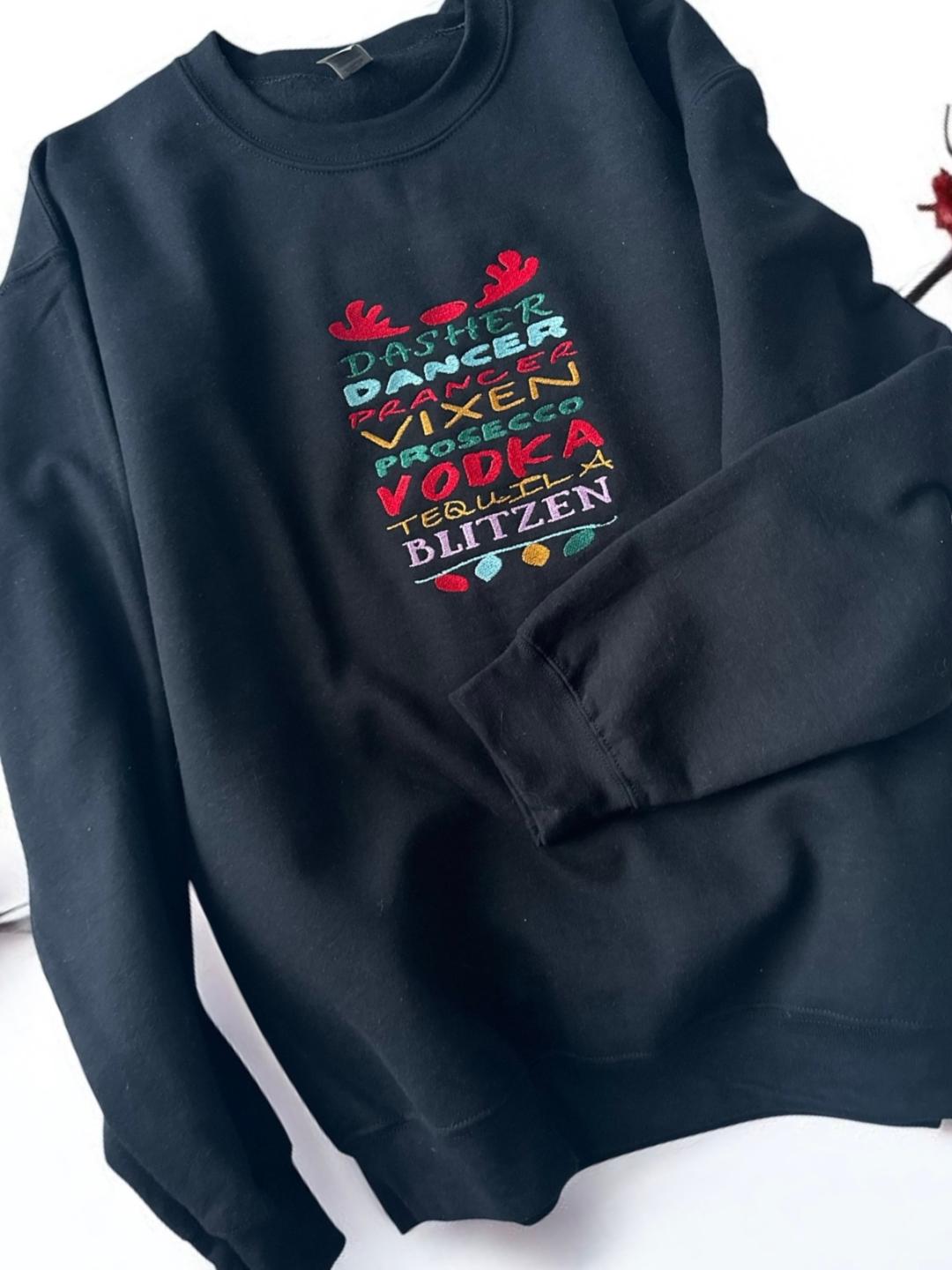 Custom Design Embroidered Christmas crewneck sweatshirt with Santa's Reindeer Names