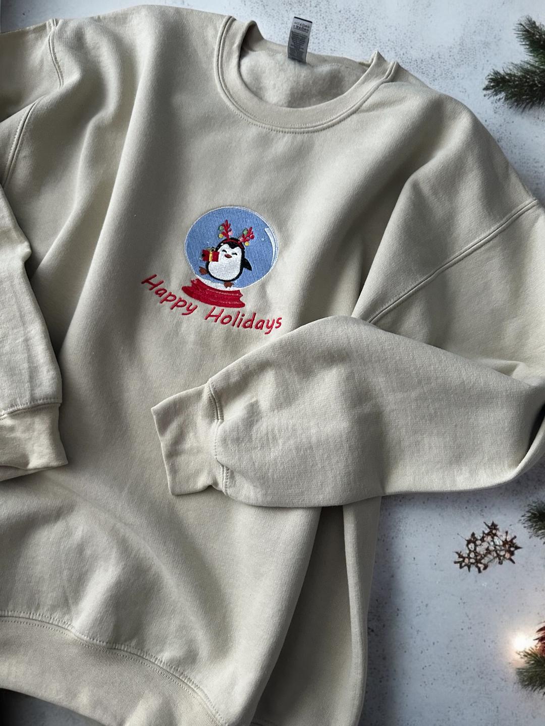 Custom Embroidered Christmas crewneck sweatshirt ''Happy Holidays '' Penguin Snow globe