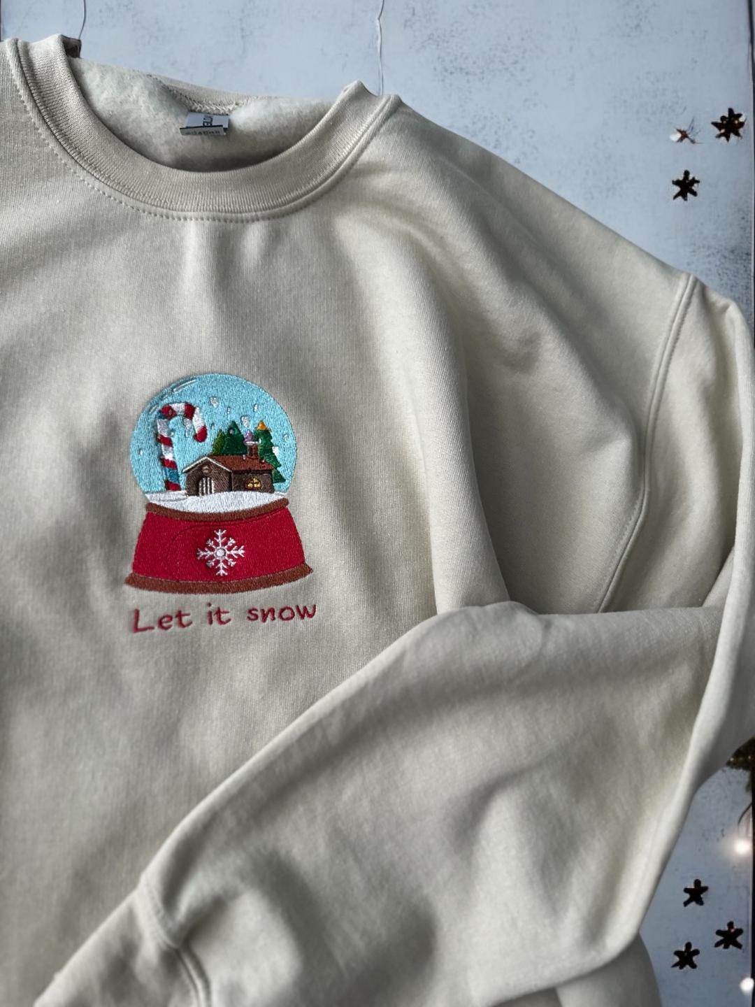 Custom Embroidered Christmas crewneck sweatshirt with quote ''Let it snow'' Snow globe