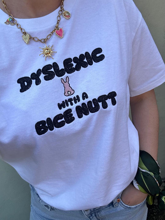 Dyslexic Bunny with Bice Nutt, Funny Embroidered Tshirt, Tee, related gift for Dyslexia, Sarcastic Meme Tshirt