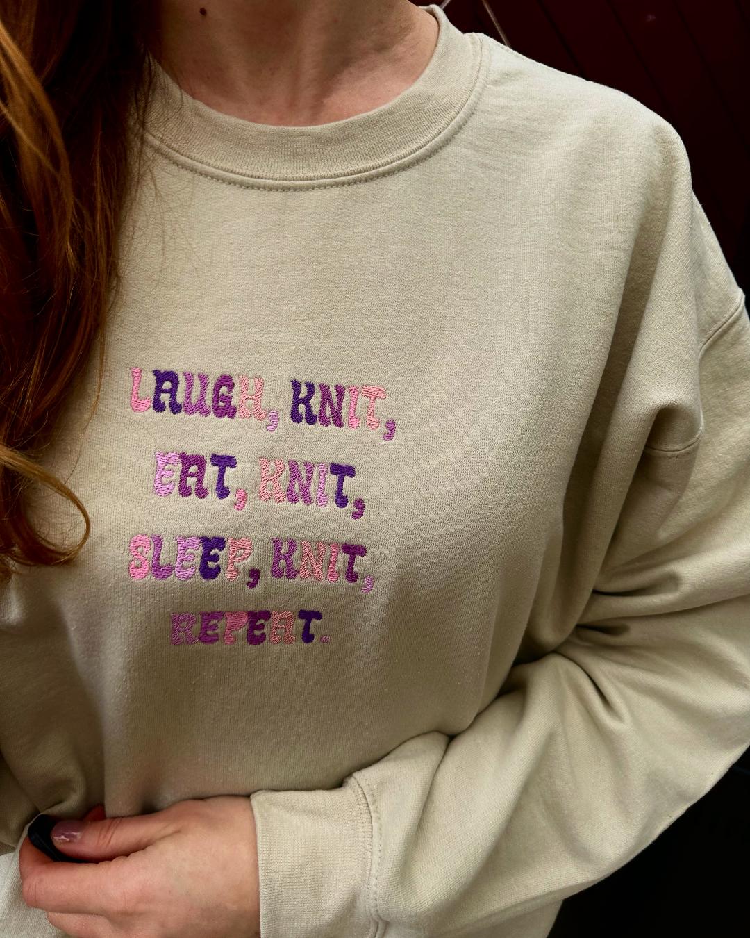 Embroidered crewneck sweatshirt ''Laugh, Knit, Eat, Knit, Sleep, Knit, Repeat''