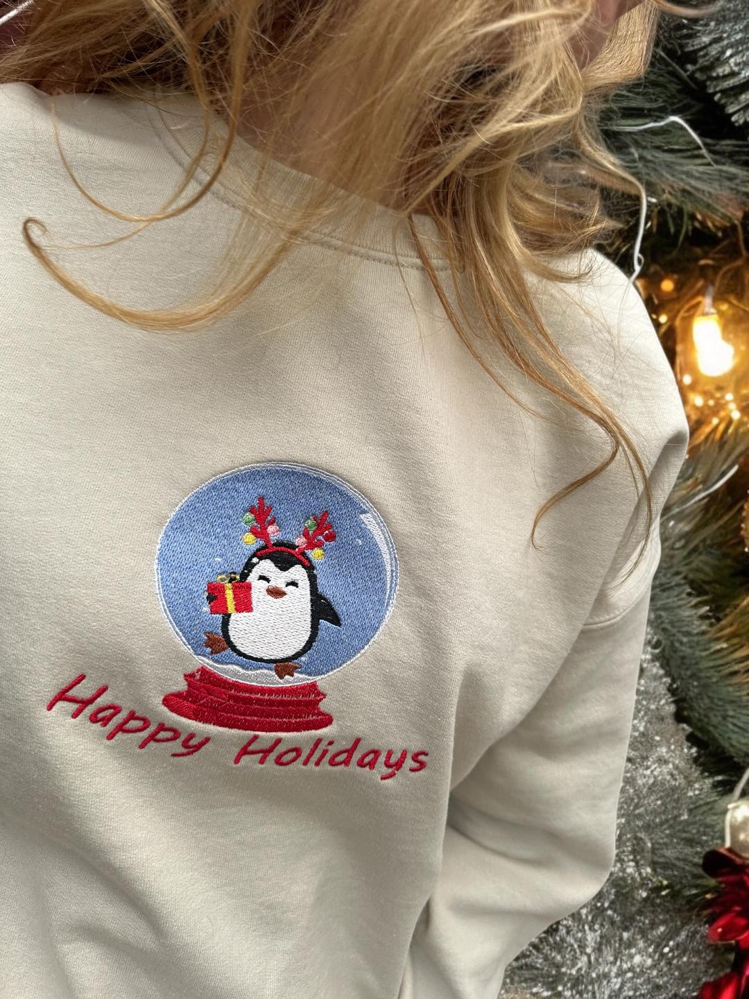 Custom Embroidered Christmas crewneck sweatshirt ''Happy Holidays '' Penguin Snow globe