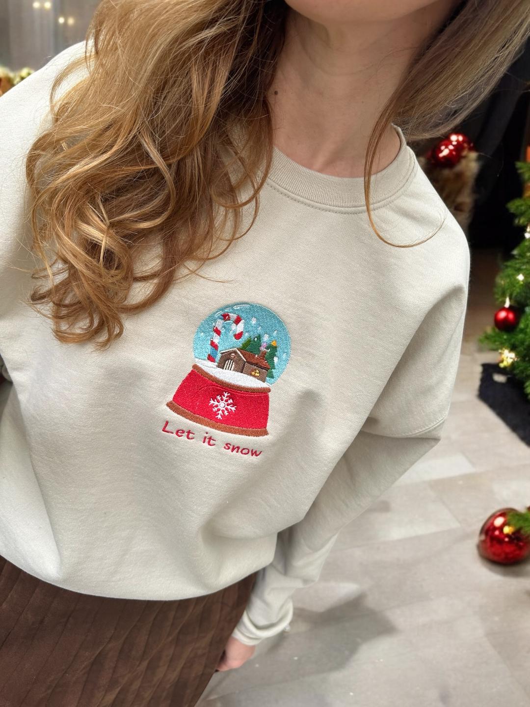 Custom Embroidered Christmas crewneck sweatshirt with quote ''Let it snow'' Snow globe