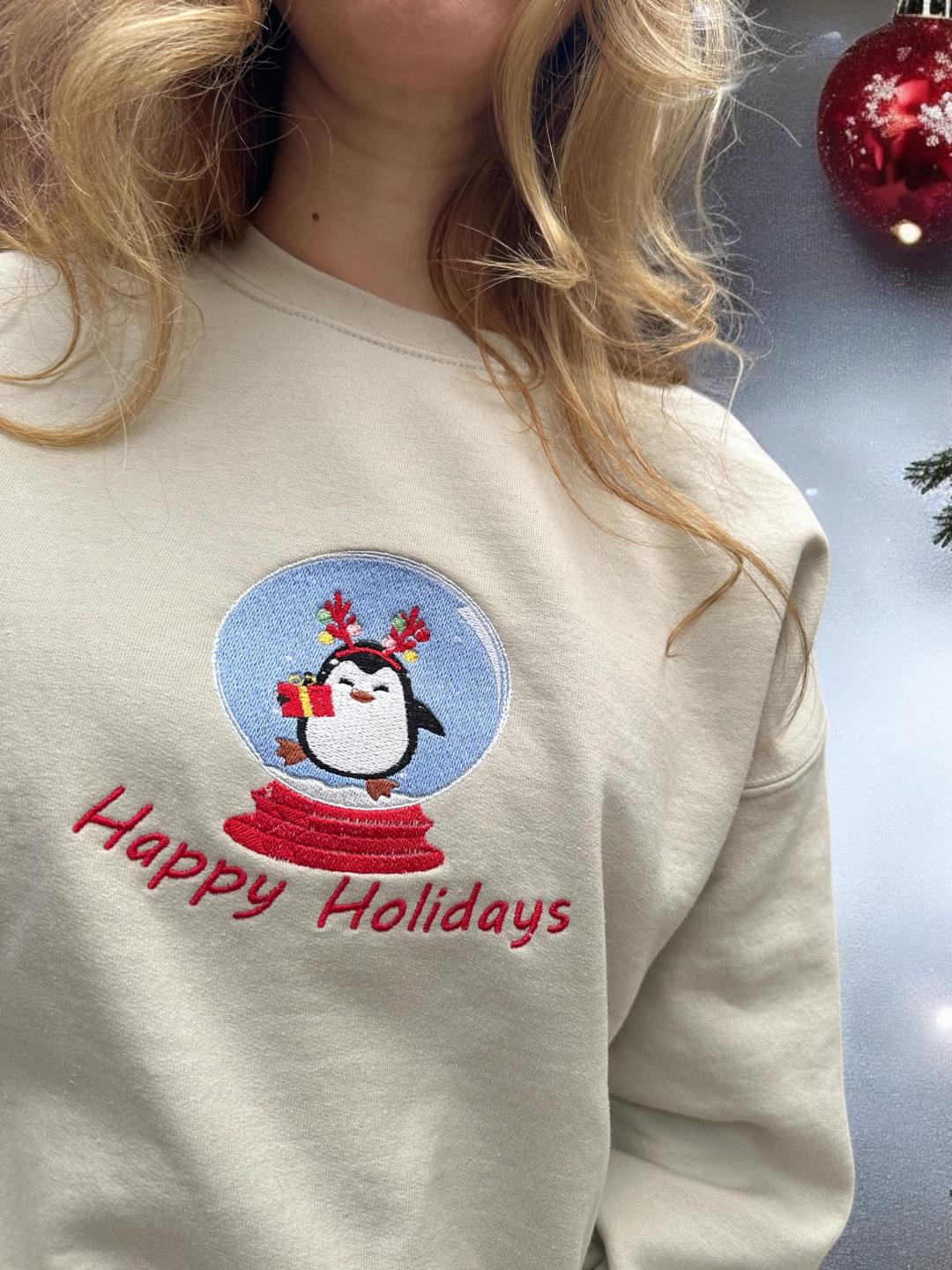 Custom Embroidered Christmas crewneck sweatshirt ''Happy Holidays '' Penguin Snow globe