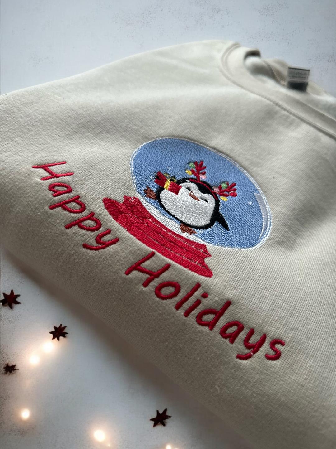 Custom Embroidered Christmas crewneck sweatshirt ''Happy Holidays '' Penguin Snow globe