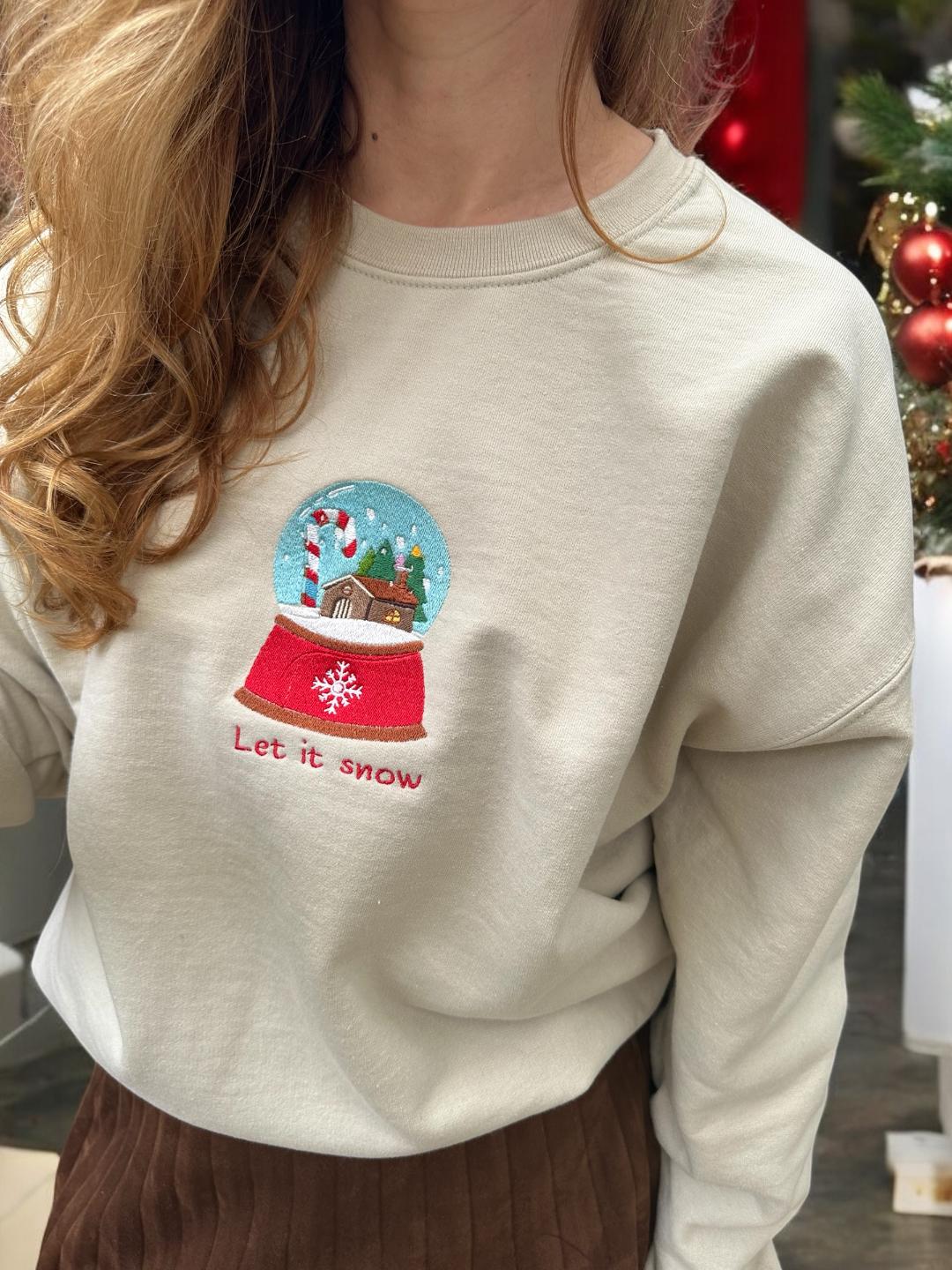 Custom Embroidered Christmas crewneck sweatshirt with quote ''Let it snow'' Snow globe